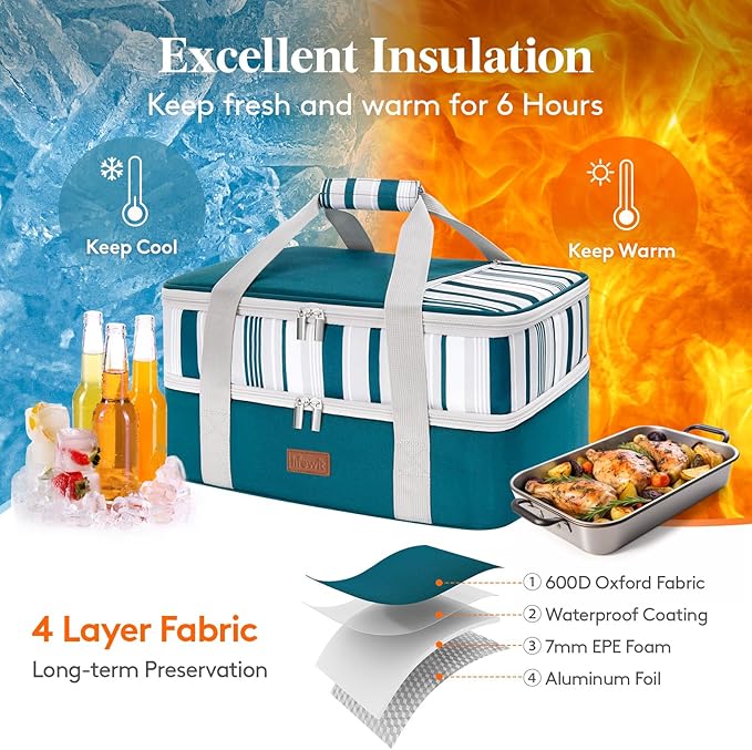 Lifewit Double Decker Insulated Casserole Carrier for Hot or Cold Food, Casserole Dish Carrying Case, Lasagna Holder for Potluck Parties Picnic Cookouts, Fits 9"x13" Baking Dish, Green