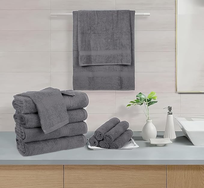 HILLFAIR Premium 600 GSM - 6 Piece Towel Set- 2 Bath, 2 Hand & 2 Washcloth - Grey Cotton Bath Towels - Machine Washable, Hotel Quality,Super Soft & Highly Absorbent Cotton Towels