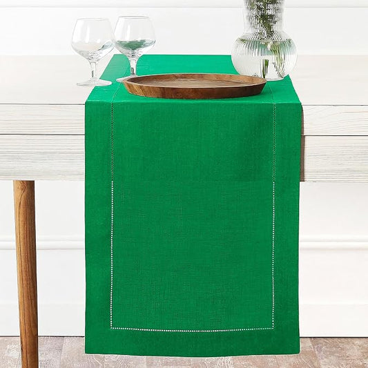 D'Moksha Homes Linen Kelly Green Table Runner 72 Inches Long - 100% Pure Linen Hemstitch Table Runner 14 x 72 Inch for Dresser, Dining, Winter, Holiday, New Year - Classic Hemstitch