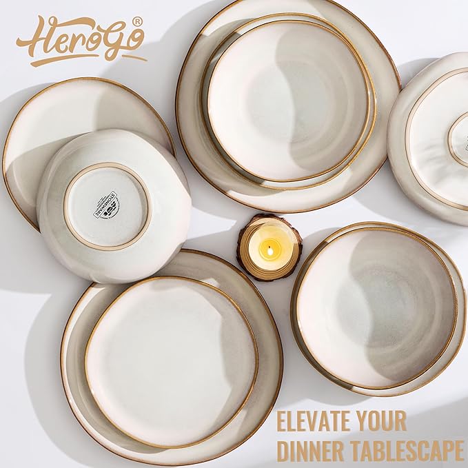 Herogo 24Pcs Plates and Bowls Dinner Set, Stoneware Dinnerware Dishes Sets for 8, Ceramic Dishware Tableware Includes Dinner Salad Plates, Soup Bowls, Microwave & Dishwasher Safe, Pearl White