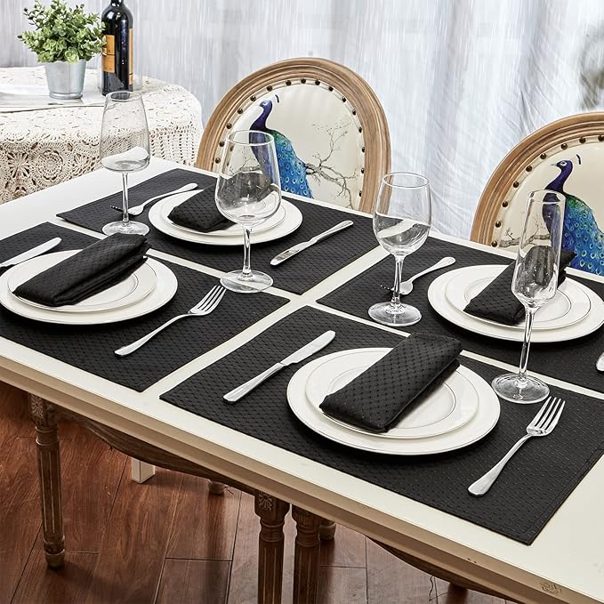 Place Mats Set of 8 – Rectangle Rectangular Waterproof Fabric Polyester Cloth Washable Wipeable Heat Resistant Placemats for Kitchen Dining Dinner Table Indoor 13 x 19 Inch Black