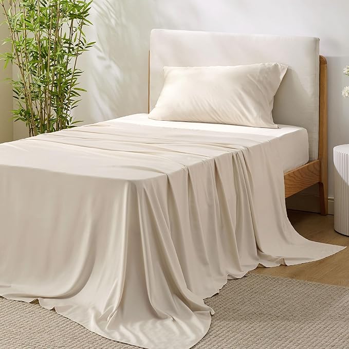 Bedsure Cooling Sheets Twin XL, Rayon Derived from Bamboo, Breathable & Soft Twin XL Sheet Sets, Deep Pocket Up to 16 Inches, Hotel Luxury Silky Dorm Bedding for Hot Sleepers, Light Beige
