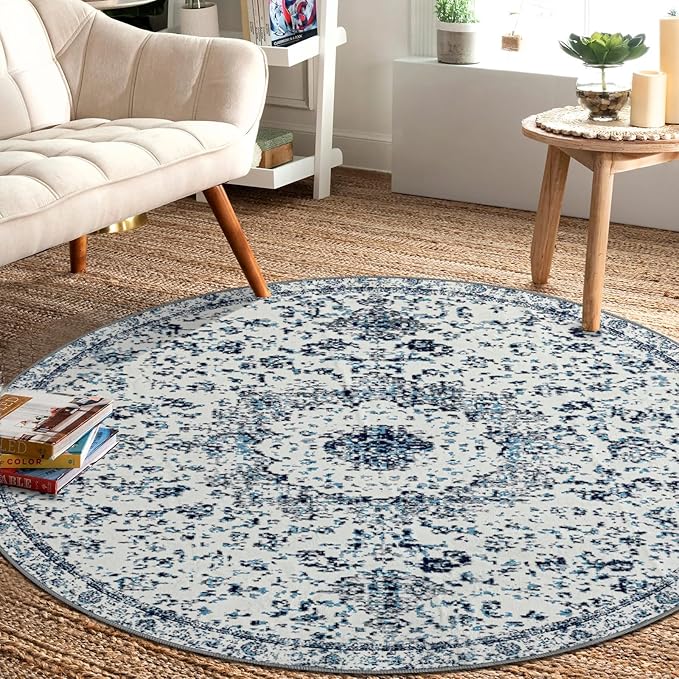 Easy-Going Round Rug 5ft Area Rug Washable Boho Circle Rugs for Living Room Non-Slip Bedroom Rug Low Pile Lightweight Floral Print Vintage Throw Rug for Dining Room Kitchen Home Office, Blue Cream