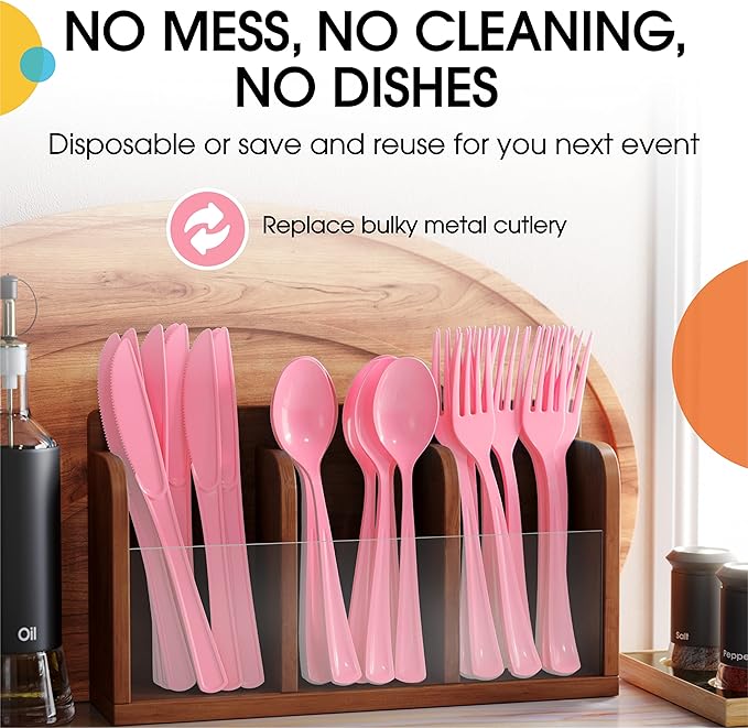 Party Solids Pink Plastic Forks 200 Pieces Pink Forks Disposable Utensils Heavy Duty Plastic Cutlery Set Disposable Cutlery Sets Flatware Sets Silverware Set Party Supplies & Party Tableware