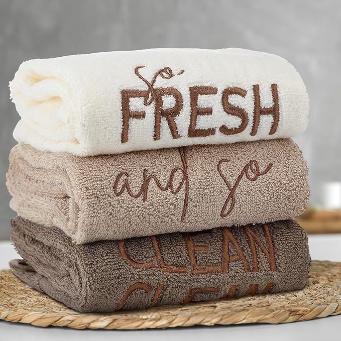 3 Pcs So Fresh and So Clean Clean Farmhouse Decorative Hand Towels for Bathroom and Kitchen Rustic Embroidered 100% Cotton Hand Towels Decorative Set for Boho Bathroom Decor