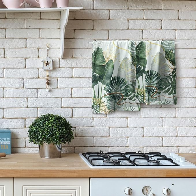 Imiss Palm Leaf Tropical Hand Towel Set of 2,Summer Green Gold Leaves Botanical Kitchen Dish Towels 14.4 x 28.3 Inch Soft Bathroom Guest Towels for Spa Yoga Gym Decor