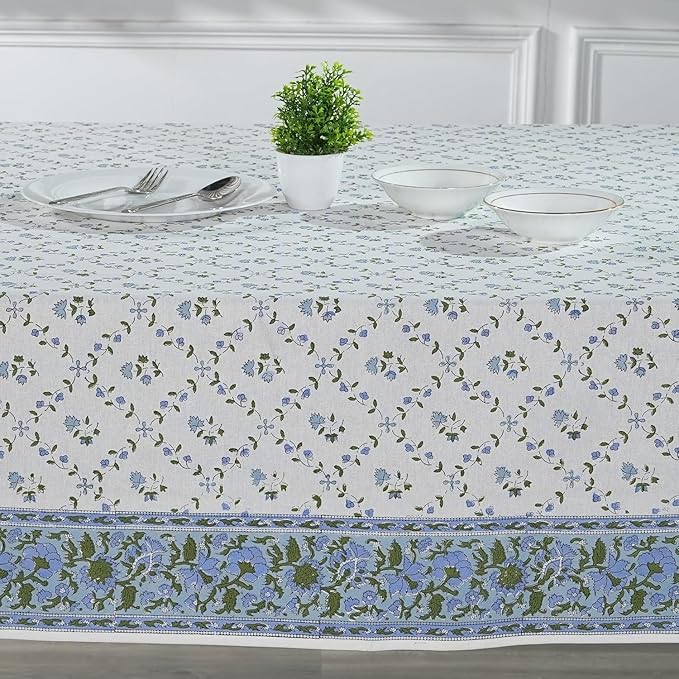 Ridhi Powder Blue Hand Block Print Cotton Rectangle Tablecloth 108" x 60" inches Reusable Table Cover Decorative Everyday Use for Dining, Farmhouse, Home, Party, Festive, Wedding, Fall
