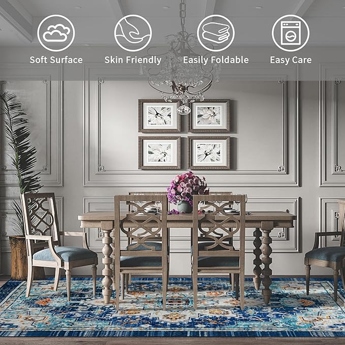 Easy-Going Large Area Rug 8x10 Washable Boho Rugs for Living Room Non-Slip Bedroom Rug Low Pile Lightweight Tangerine Vintage Throw Rug for Dining Room Kitchen Home Office Carpet, Floral Aqua Yellow