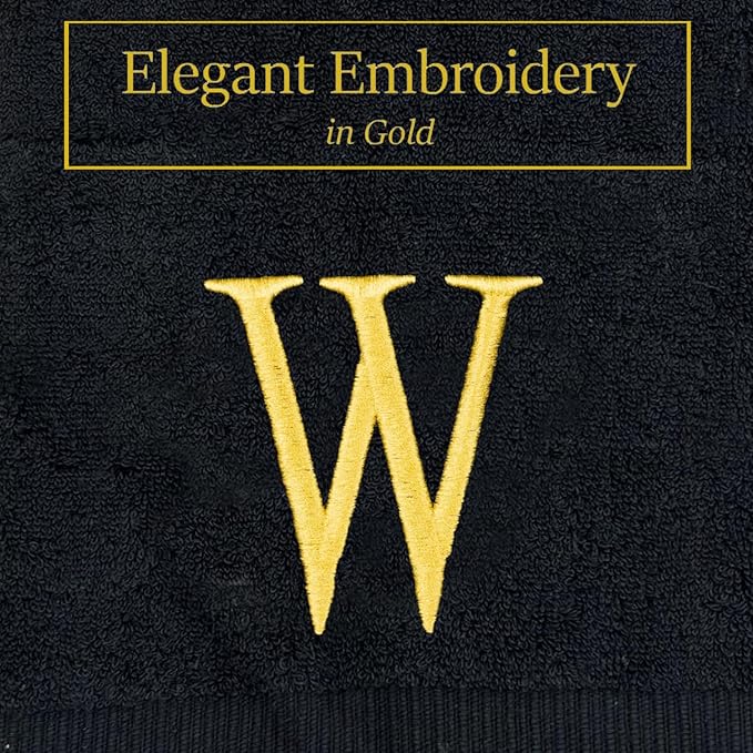 Black Luxury Hand Towel for Bathroom - Monogrammed Initial Hotel Quality Decorative Embroidered Towel for Powder Room, Spa - GOTS Organic Certified - Pack of 2, Letter W