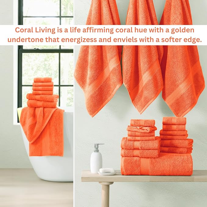 Lane Linen 100% Luxury Cotton Towel Set for Bathroom - 24 PCs - Absorbent, Super Soft & Quick Drying - 4 Bath, 4 Fingertip, 6 Hand Towels, 8 Washcloths, 2 Bath Sheets - Low Twist Towels - Living Coral