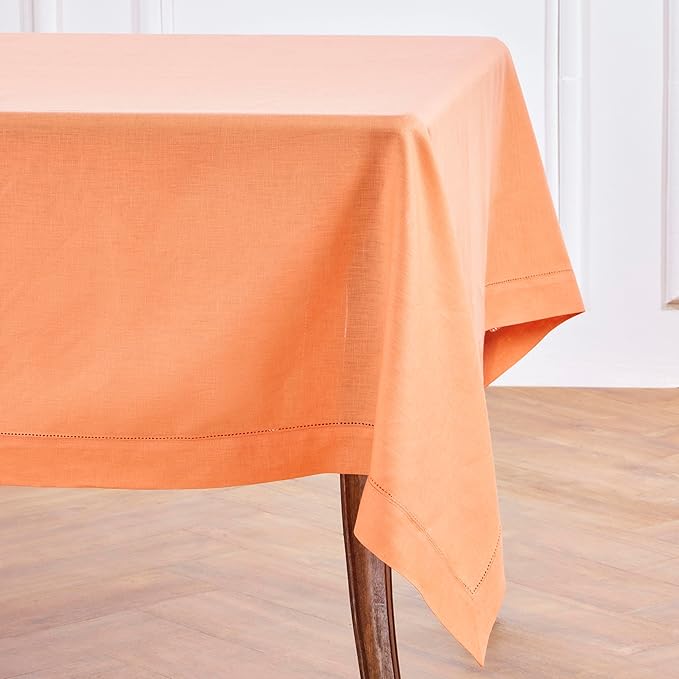 Solino Home Linen Tablecloth for Rectangle Tables 60 x 108 Inch - Classic Hemstitch 100% Pure Linen Coral Table Cloth - Machine Washable Cloth Tablecloth