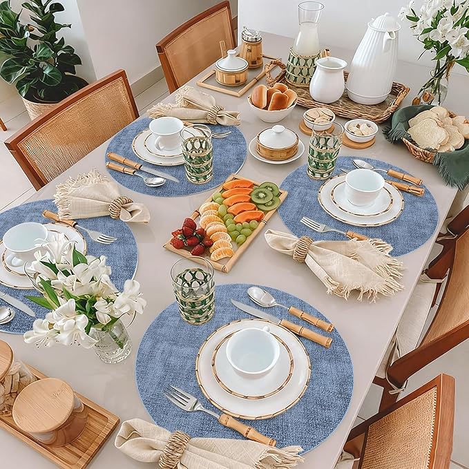 Maxpearl Round Placemats Set of 6, 13.8 inch Faux Leather Heat Resistant Table Mats, Non Slip Waterproof Wipeable Place Mats for Kitchen Dining Holiday Party Table Settings, Blue