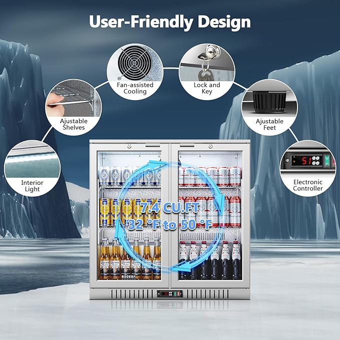 BODEGA BODEGACOOLER Back Bar Cooler With 2 Glass Doors,7.4 Cu.Ft Stainless Steel Commercial Back Bar Fridgewith LED Lighting,Counter Height Bar Beverage Cooler for Beer,Soda Drinks,Wine