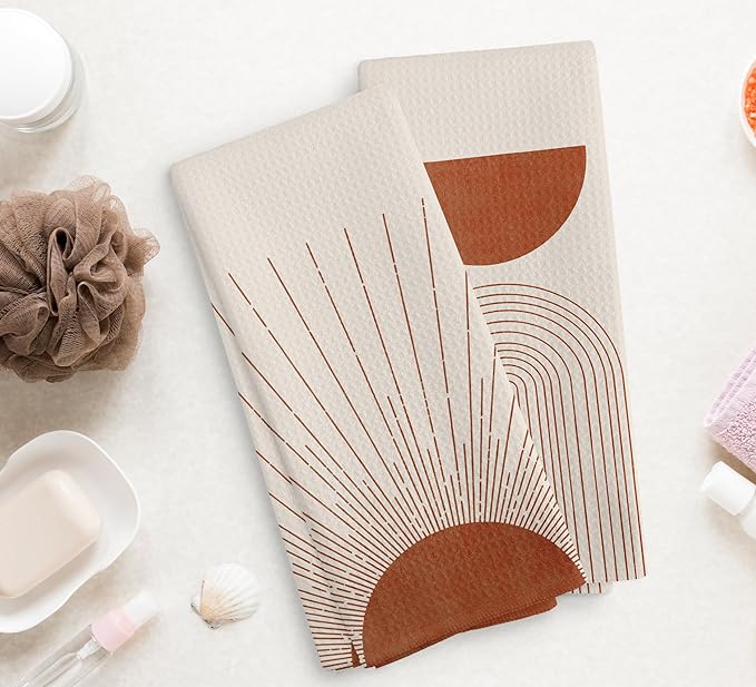 Bohemian Orange Fall Abstract Sunrise Kitchen Towels and Dishcloths Set of 2, Bohemian Sun Decorative Towels, Fall Moon Line Drying Cloth Hand Towels for Bathroom Kitchen Decor, 16×24 Inches