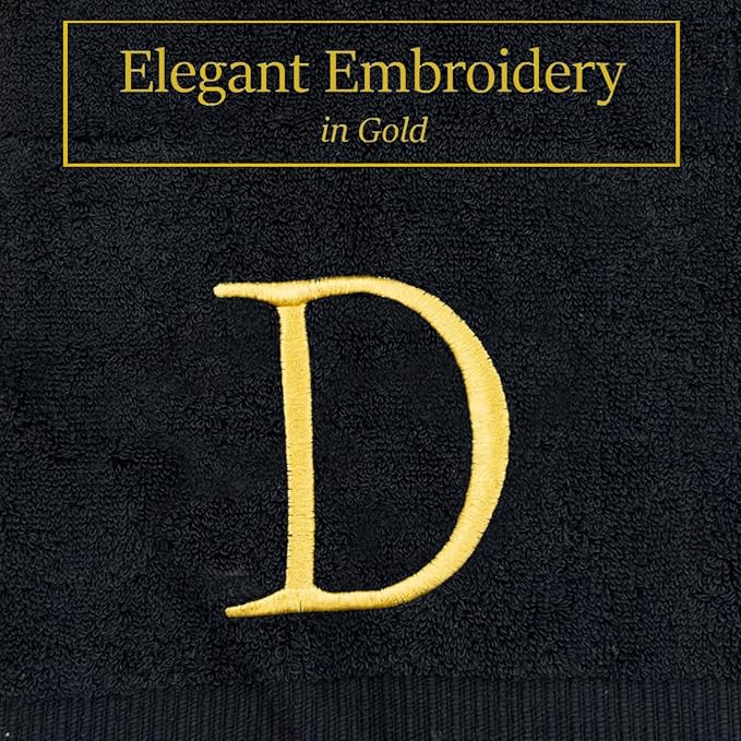 Black Luxury Hand Towel for Bathroom - Monogrammed Initial Hotel Quality Decorative Embroidered Towel for Powder Room, Spa - GOTS Organic Certified - Pack of 2 - Letter D