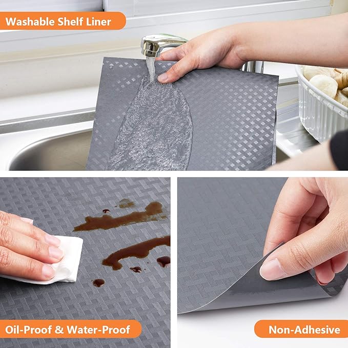 Shelf Liners for Kitchen Cabinets Refrigerator Liners Waterproof Kitchen Cupboard Liner Durable Plastic Drawer Mats EVA Material Non Adhesive Fridge Liner for Shelves (23.6 x 157.4 inches, Gray)