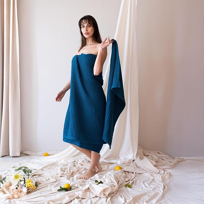 4-Piece Waffle Towels Set for Bathroom - Soft 100% Turkish Cotton Quick-Dry Lint-Free Waffle Weave Thin Bath and Hand Towels (Indigo, 2 Bath & 2 Hand Towel Set)