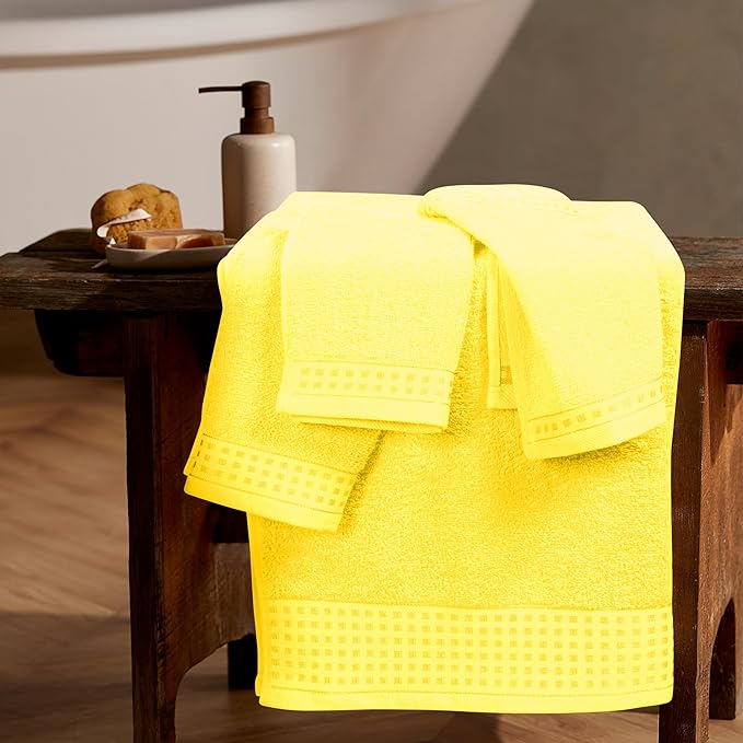 GLAMBURG Ultra Soft 3 Pack Cotton Towel Set, Contains a Bath Towel 28x55 inch, a Hand Towel 16x24 inch & a Wash Coth 12x12 inch, Ideal Everyday use, Compact & Lightweight - Lime Yellow