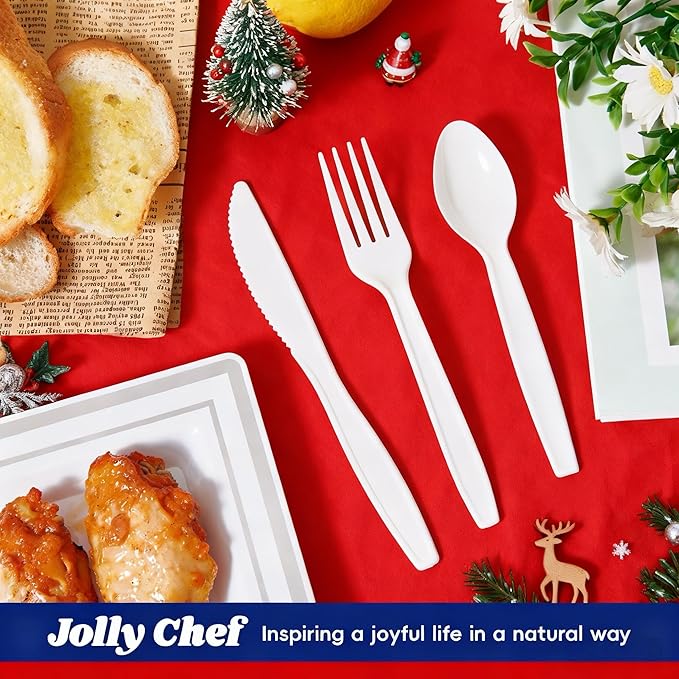 JOLLY CHEF 360 Count White Plastic Silverware Heavy Duty, 180 Forks, 120 Spoons, 60 Knives, Heat ResistantPlastic Utensils Set, Disposable Cutlery set, Premium Clear Utencils for Party, Christmas