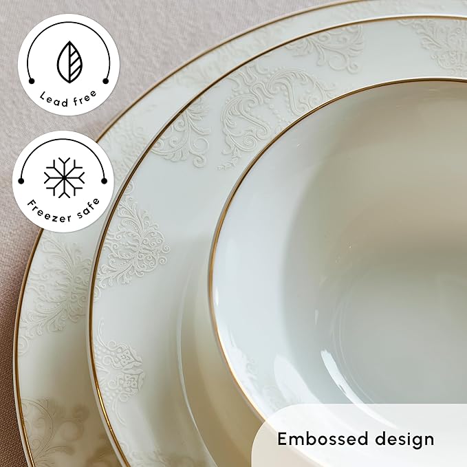 Karaca Siena 53-Piece Porcelain Plates and Bowls Set with Dinner & Dessert Plates, Shakers - Bone China Dishware Sets - Kitchen Dinnerware Set for 12 People