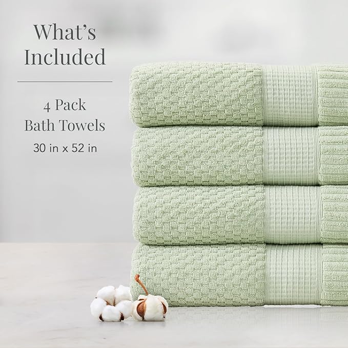 NY Loft 100% Cotton 4 Pack Bath Towel Set| Super Soft & Absorbent Quick-Dry Bath Towels 30" x 52" |Textured and Durable Cotton | Trinity Collection (4 Pack, Sage)