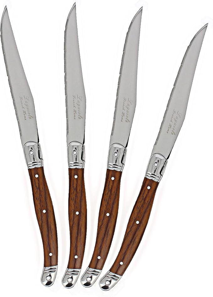 French Home Laguiole 4-Piece Steak Knife Set – Sophisticated Stainless Steel Dinner Knives with Wood Grain Handles & Iconic Bee Emblem – Serrated Knives for Smooth Cutting (9.25")