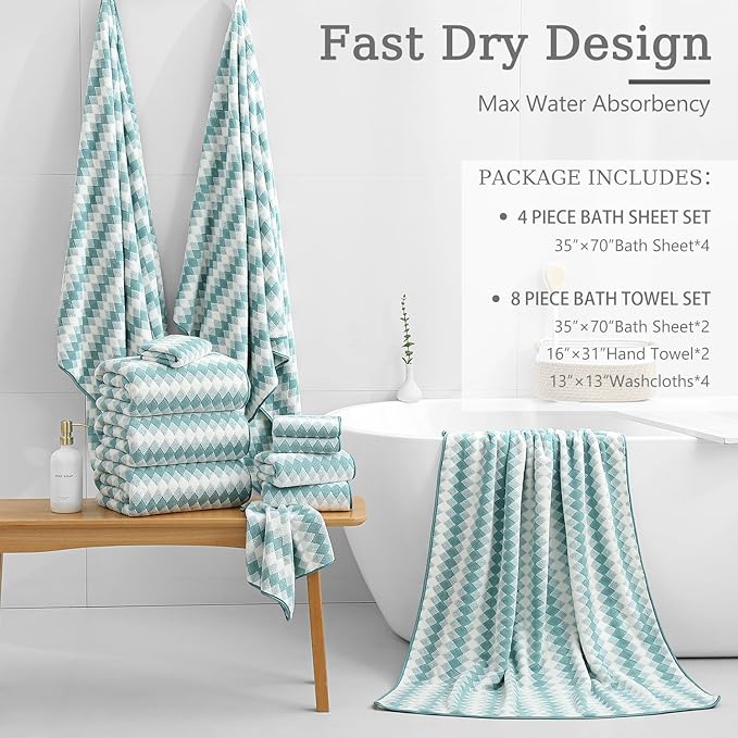 4 Piece Bath Towel Set Oversized Bath Sheet 35"x70" Bathroom Towel Extra Large Towel Set Soft Highly Absorbent & Quick Dry Premium Bath Sheet for Bathroom 600GSM Shower Towel Spa Gym Hotel,Aqua
