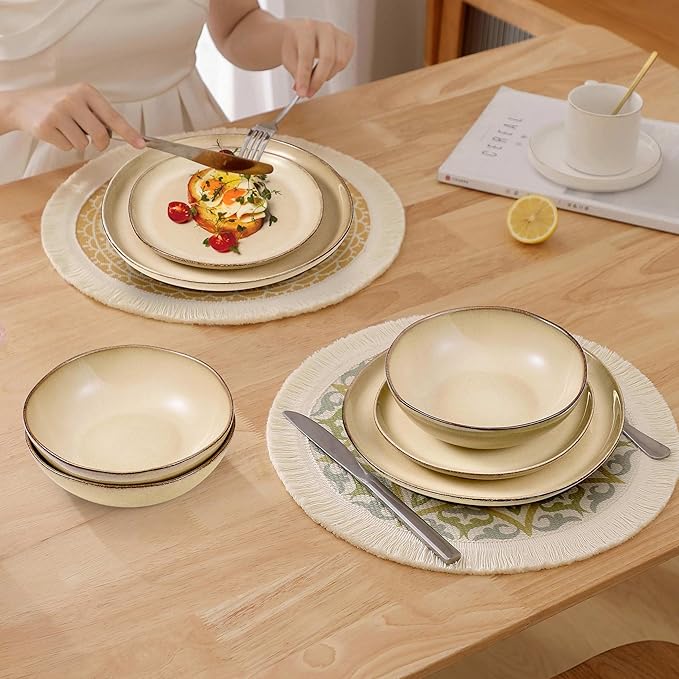 Herogo Dinnerware Sets for 8, 24pcs Stoneware Dinner Dish Set, Irregular Handmade Plates and Bowls Dishware, Crack and Scratch Resistant, Microwave & Dishwasher Safe, Cream Khaki