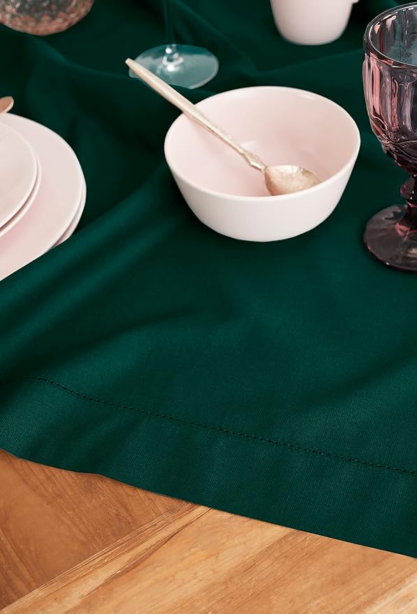Solino Home Cotton Linen Tablecloth 52 x 52 Inch - Hemstitch Dark Green Square Tablecloth - Machine Washable Table Throw for Winter, New Year