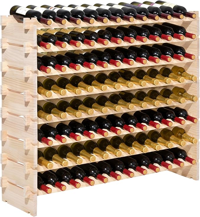 VEVOR 96 Bottle Stackable Modular Wine Rack, 8-Tier Wine Bottle Holder,Solid Wood Floor Freestanding Wine Storage Rack for Pinot Noir Bottles,for Kitchen, Cellar, and Bar, Natural