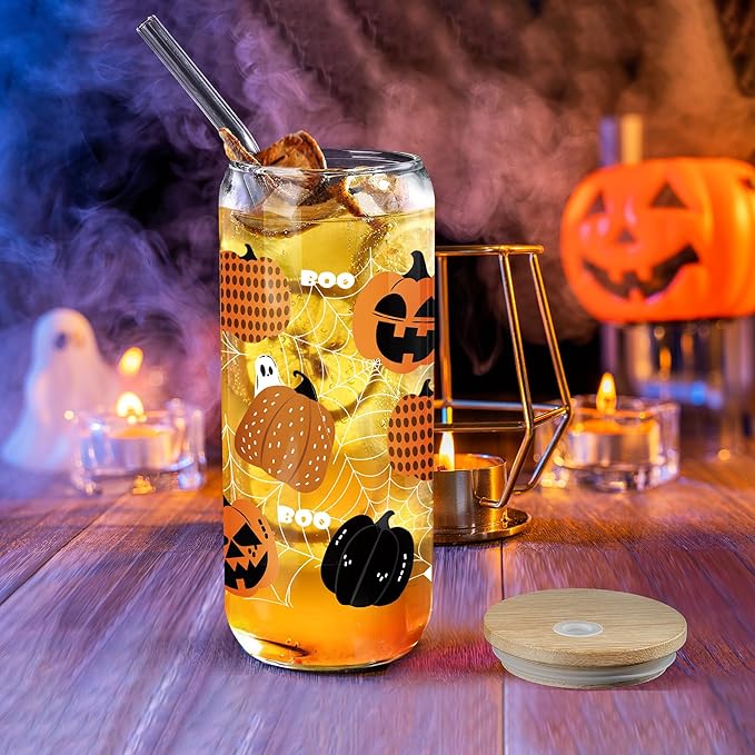 Joeyan Halloween Glass Cups with Lids and Straws,20 oz Iced Coffee Tumbler with Pumpkin Ghost Cobweb Patterns,Cute Funny Can Shaped Beer Drinking Glasses,Holiday Gifts for Women Mom Friend Teen