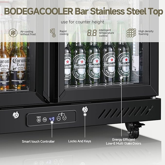 BODEGACOOLER Back Bar Cooler With 2 Glass Doors,Beverage Refrigerator 7.7 Cu.Ft Commercial Display Bar Fridge LED Lighting,36 inch Height Beverage Cooler for Soda Drinks,Beer with Stainless Steel Top