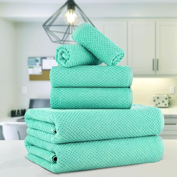 CASA COPENHAGEN Popcorn 6 Pieces Towel Set- Aqua Blue, 600 GSM 2 Bath Towel 2 Hand Towel 2 Washcloth, Designed in Denmark Made of Soft Egyptian Cotton for Bathroom, Kitchen & Shower