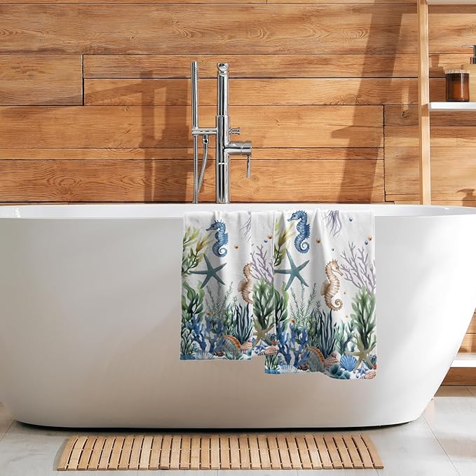 Imiss Nautical Coastal Hand Towels Coral Starfish Seashell Kitchen Towels 14.4 x 28.3 Inch Sea Themed Dishcloth Summer Beach Decorative Washcloth for Face Yoga Gym Spa