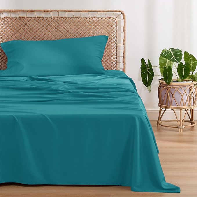 Bedsure Cooling Sheets Twin, Rayon Derived from Bamboo, Breathable & Soft Twin Sheets Set, Deep Pocket Up to 16 Inches, Hotel Luxury Silky Bedding for Hot Sleepers, Turquoise