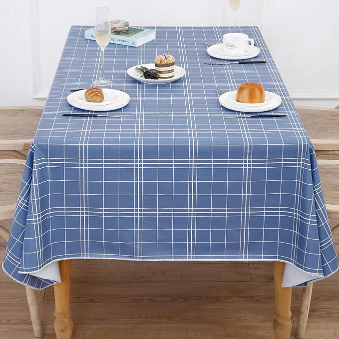 Walrus Heavy Duty Vinyl Tablecloth with Flannel Backing Waterproof Oil-Proof Plastic Table Cloth Stain-Resistant Wipeable Rectangle or Square Table Cover for Indoor and Outdoor (Blue Grid,60x84 Inch)