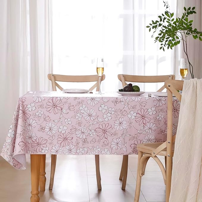 Heavy Duty Vinyl Tablecloth with Flannel Backing Waterproof Oil-Proof Plastic Table Cloth Stain-Resistant Wipeable Rectangle or Square Table Cover for Indoor and Outdoor (Red Flower,52x70 Inch)