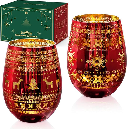 Joeyan Stemless Wine Glasses - Large Handmade Wine Glass Cups, Elk Snowflake Patterned Tumblers, 18 oz, Set of 2, Great for Gifts