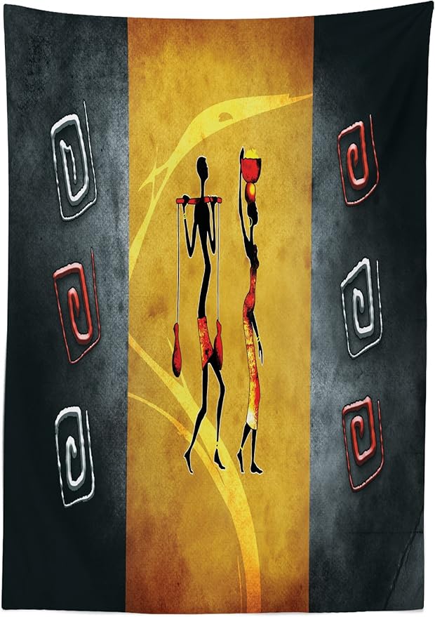 Ambesonne African Tablecloth, People Carrying Some Local Elements on Their Heads Retro Drawing Style, Rectangular Table Cover for Dining Room Kitchen Decor, 60" X 90", Black Grey