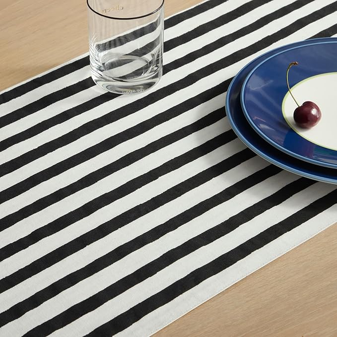 Kate Spade New York Hand Painted Shirting Stripe Reversible Table Runner, 100% Cotton, Cream/Black, 15"x72"