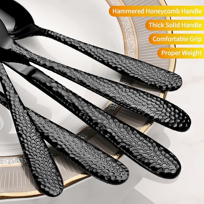 Black Hammered Silverware Set, 20-Piece Heavy Duty Stainless Steel Flatware Sets for 4, Food-Grade Cutlery Set for Home Restaurant, Mirror Polished, Dishwasher Safe