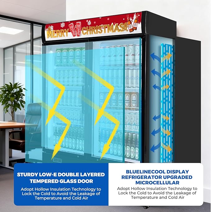 36 cu.ft Commercial Refrigerators with 2 Glass Door, Beverage Fridge with LED Light Display Upright Merchandiser, Drink Cooler with 8 Adjustable Shelves Black ETL Approved