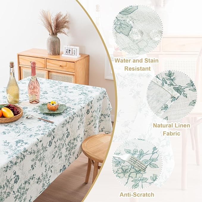 H.VERSAILTEX Linen Table Cloths Floral Printed Tablecloth Spill-Proof Waterproof Table Cover for Dining Buffet Feature Soft and Thick Fabric Wrinkle Free, 60 x 120 Inch, Retro Floral - Sage