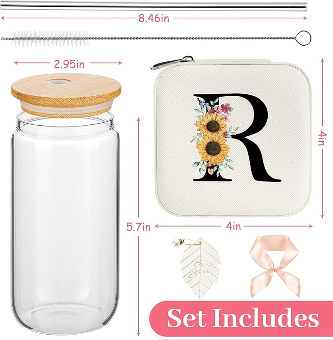 AYGXU Glass Travel Jewelry Box with Bamboo Lids - Small Organizer for Gifts, Initial R White