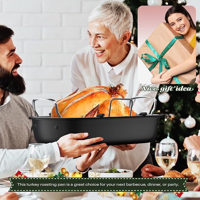 Nonstick Turkey Roasting Pan with Rack, 17 x 13 Inch Turkey Pan, large roaster pan for Meat & Vegetable, (Silver)