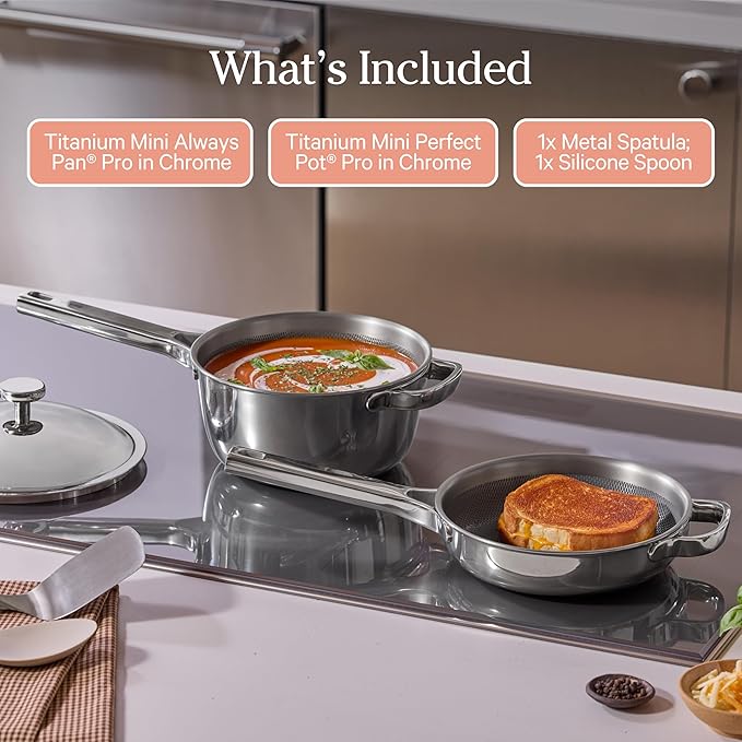 Our Place Titanium Pro Mini Cookware Duo – Always Pan & Perfect Pot with Nonstick No-Coating Technology | Tri-Ply Titanium & Stainless Steel | Safe for Oven, Induction & Cooktops up to 1000°F | Chrome