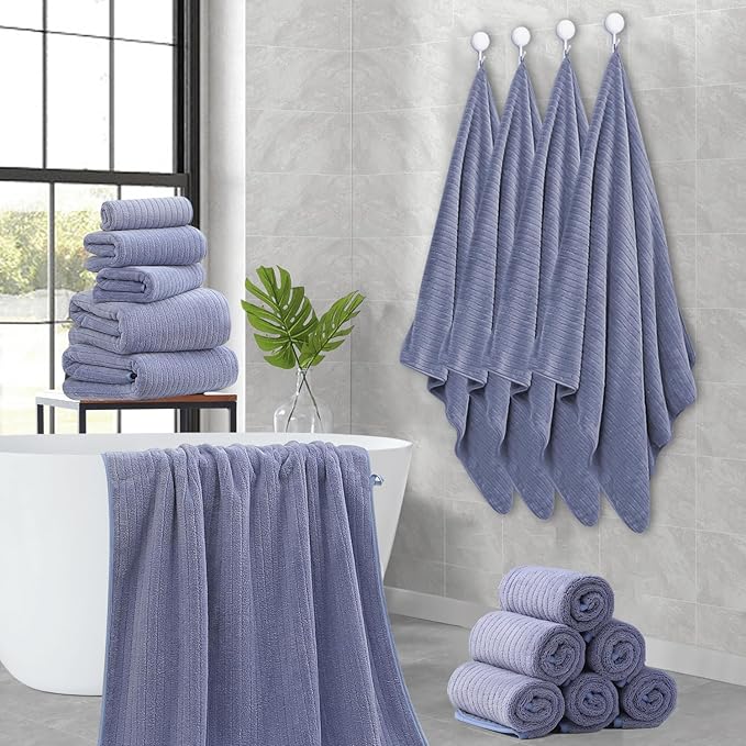 18 Piece Family Bath Towel Set Include 6 Bath Towels,6 Hand Towels and 6 Washcloths Soft Bathroom Towel with Hanging Loops,Highly Absorbent Quick Dry Towels Set for Bathroom,Hotel and Spa-Violet