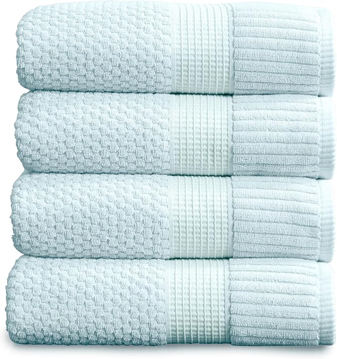 NY Loft 100% Cotton Bath Towels 4 Pack | Super Soft & Absorbent Quick-Dry Bath Towels 30" x 52" | Textured and Durable Cotton | Trinity Collection (4 Pack Bath Towel, Seafoam)