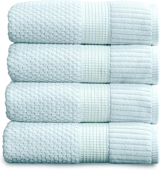 NY Loft 100% Cotton Bath Towels 4 Pack | Super Soft & Absorbent Quick-Dry Bath Towels 30" x 52" | Textured and Durable Cotton | Trinity Collection (4 Pack Bath Towel, Seafoam)