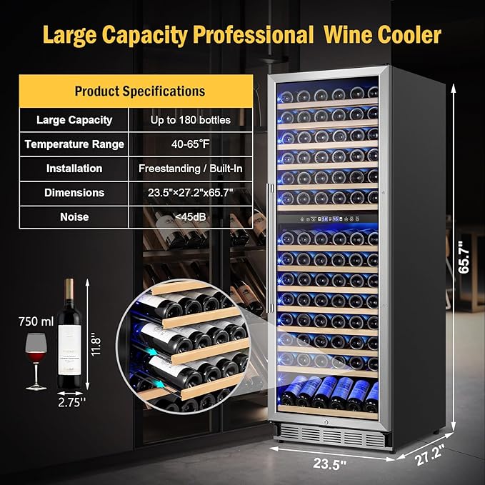 Wine Cooler Refrigerator 24 Inch, 180 Bottles Large Wine Fridge Dual Zones, Tall Freestanding/Built-in Wine Cellar Professional with Reversible Door Sliding Rail Shelves